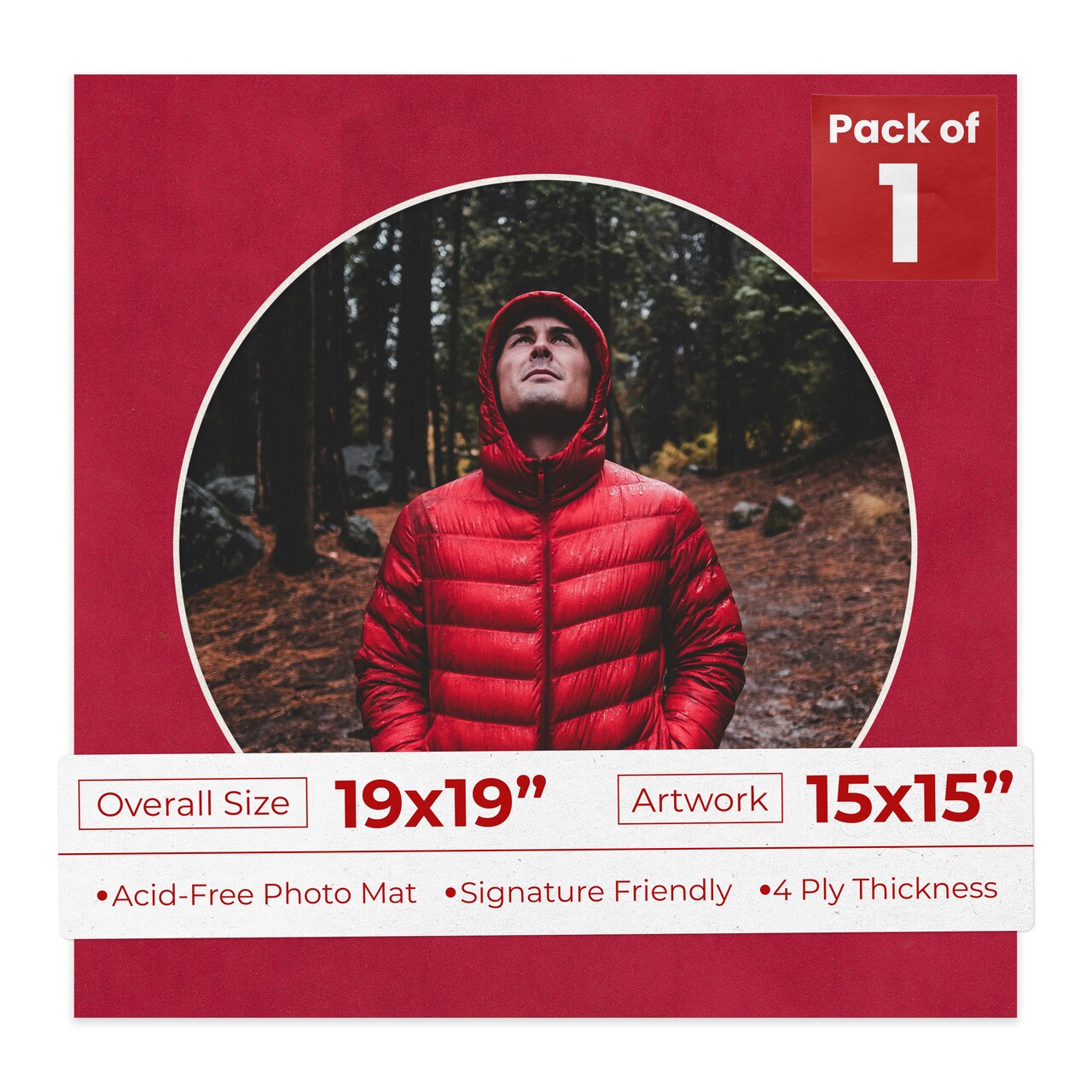 Red Suede Mat Board for 19x19 Frames - Circle Opening for 15x15 Photos